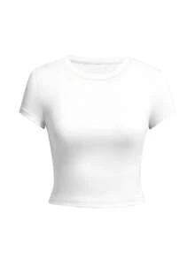 Camiseta de mujer de cuello redondo y manga corta, nueva moda de verano de unicolor, top casual ajustado y corto - Blanco - Ver 3