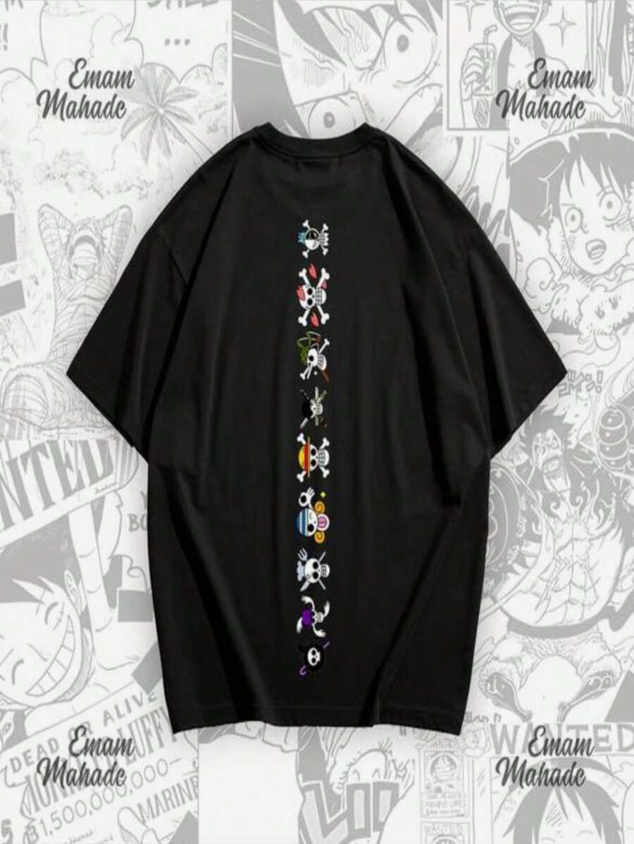 Camiseta con gráfico de los Piratas del Sombrero de Paja, Camiseta gráfica con logotipos de One Piece para hombres - Negro - Ver 1