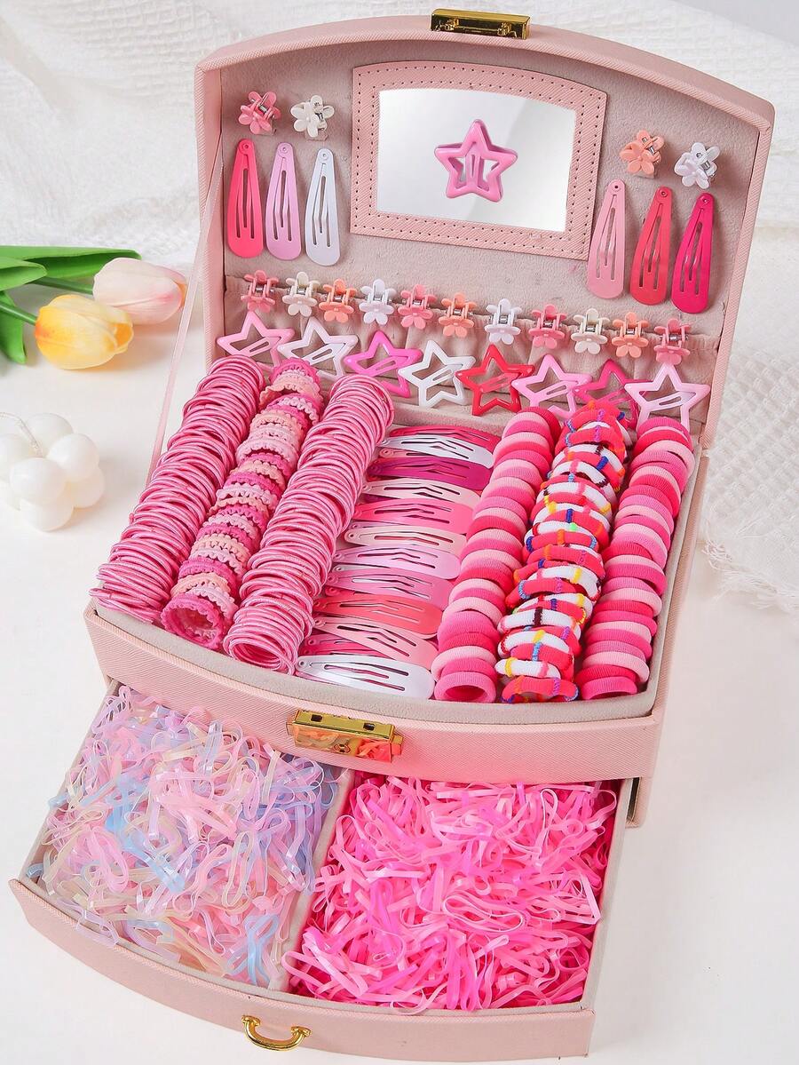 840个粉色多功能发圈，可爱少女发绳，高弹耐用不伤发，侧刘海夹，简约发夹，BB夹，适合日常佩戴和返校季 - 粉色 - 查看 1