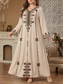 Solessence Plus Size V-Neck Printed Vintage Loose Plus Size Long Sleeve Maxi Dress, Suitable For All Seasons - Apricot - View 1