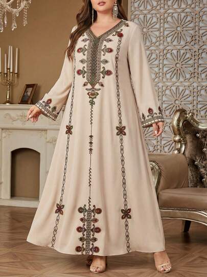 Solessence Vestido maxi de manga larga con cuello en V, estampado, holgado y de talla grande, adecuado para todas las estaciones