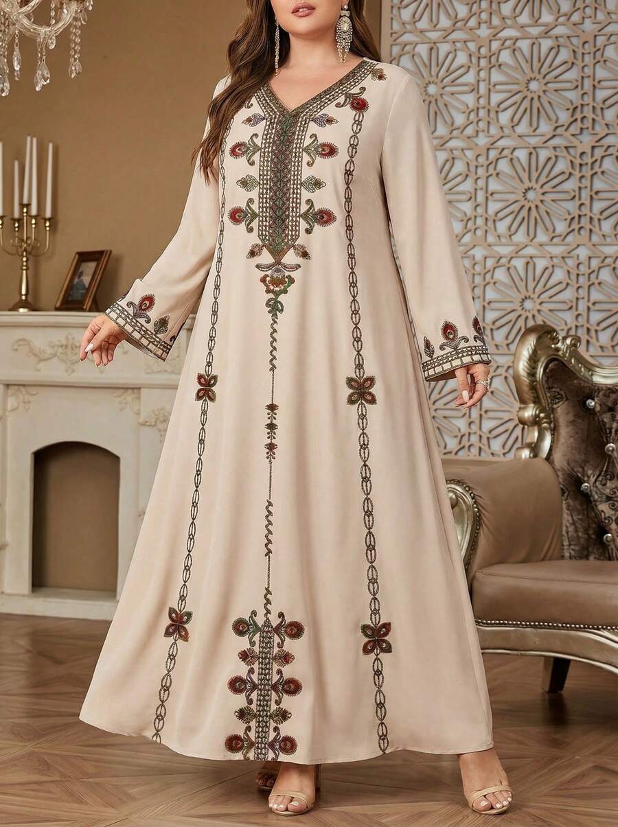 Solessence Plus Size V-Neck Printed Vintage Loose Plus Size Long Sleeve Maxi Dress, Suitable For All Seasons - Apricot - View 1