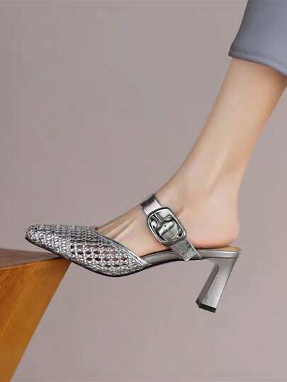 صنادل نسائية مغلقة الأصابع ذات كعب عالٍ من الجلد المنسوج، صنادل صيفية خارجية سهلة الارتداء