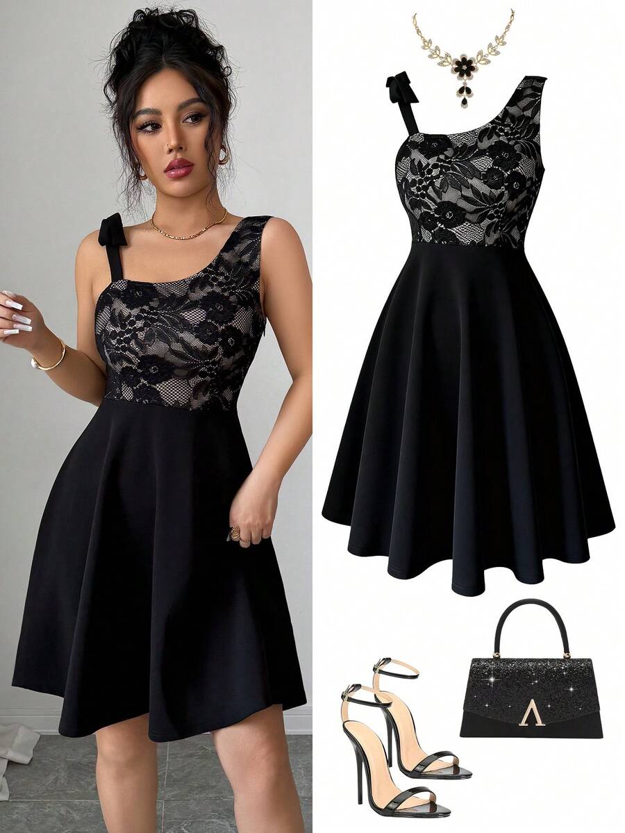 Đầm nữ thanh lịch dài ngang gối, đầm ren gợi cảm lệch vai, đầm dự tiệc và mặc hàng ngày, đầm chữ A ôm eo tôn dáng, trang phục hẹn hò ngày Valentine. - màu đen - Xem 1