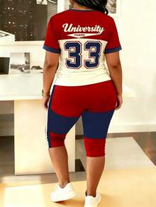 Plus Size - Plus Size - A Two-Piece Set For Women Featuring A Plus-Size Short-Sleeve Top With A Round Neck And Red-Blue Striped Print, Along With Matching Shorts. This Spring And Summer Outfit Is Perfect For, Casual Wear, And Everyday - 混合色 - 查看 4