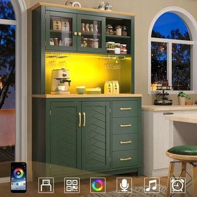 Sideboard / Storage Cabinet / Kitchen Cabinet / Buffet Cabinet, 105.5x40x180cm, Country Style, 4 Doors, With LED Light Strip & Drink Holders, Green/Black/White