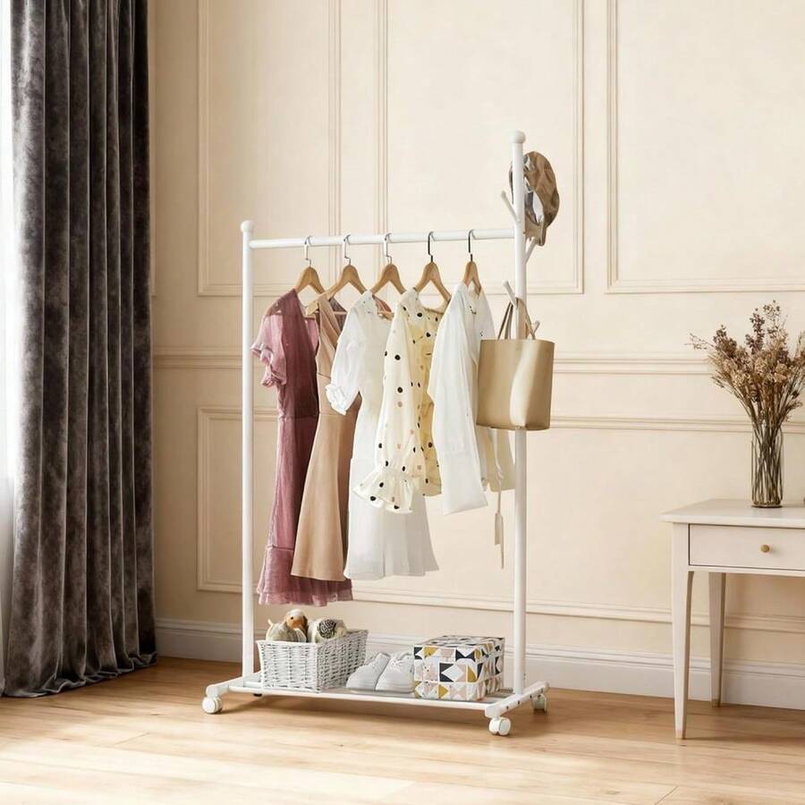 41.34'' Length Standing Coat Rack With Wheels, Rolling Closet Rack With Wheels, Standing Coat Racks, Hanging Clothes Racks For Bedroom, Living Room, Office - White - View 1