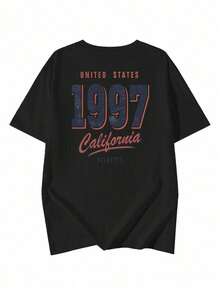 女士休闲宽松圆领百搭数字字母印花短袖T恤，春夏黑色 - 黑色 - 查看 3