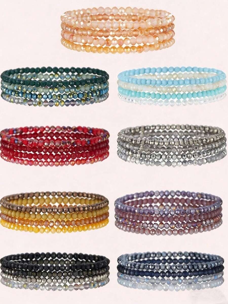4-Piece Beaded Bohemian Elastic Bracelet, Colorful Stackable Crystal Bead Bracelet, Fashion Jewelry, Mother's Day Gift (Women's) - Multicolor - View 1