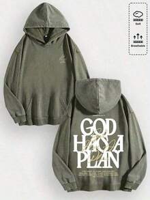 1pcsMen's Unisex "God Has His Plans - Faith Enlightenment" Printed Cotton Hoodie, Vintage Casual Fashion Daily Soft Warm Hoodie, Suitable For Streetwear And Spiritual Aesthetic Enthusiasts, Men's Winter Clothing - 軍綠色 - 查看 1
