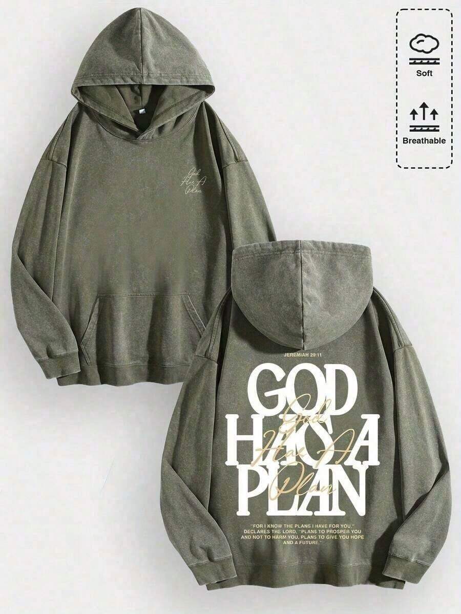 1pcsMen's Unisex "God Has His Plans - Faith Enlightenment" Printed Cotton Hoodie, Vintage Casual Fashion Daily Soft Warm Hoodie, Suitable For Streetwear And Spiritual Aesthetic Enthusiasts, Men's Winter Clothing - 軍綠色 - 查看 1