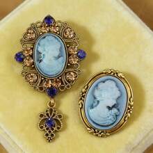 2 pezzi Set di spille vintage di lusso stile palazzo con testa di donna in rilievo, spilla vintage glamour per cappotto, maglione, tailleur, adatta per occasioni formali, feste, vacanze, regali - Blu - Visualizzare 3