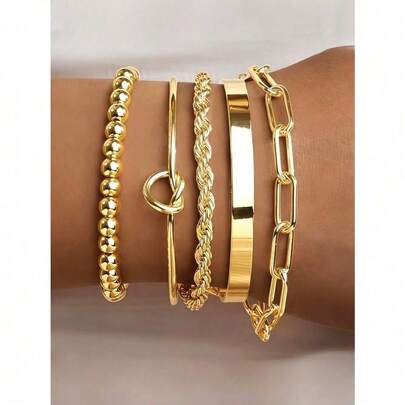 5pcs 18K Gold Plated Stainless Steel Women's Bracelets Set, Includes Curb Chain, Braided, Paper Clip, Twist Flower, Beaded Chain Bracelets, Layered Gold Tone Bangles, Bohemian Style, Elegant Jewelry