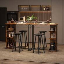 Mesa de bar pequeña 3 piezas y sillas con 3 estantes de almacenamiento, mesa comedor de cocina retro para 2, muebles de apartamento ahorro espacio con taburetes. - Tapizado en marrón - Ver 5