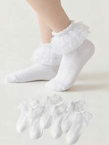 6 Pairs Children's Solid Color Lace Ruffle Princess Fashion Versatile Party Socks - White - View 9