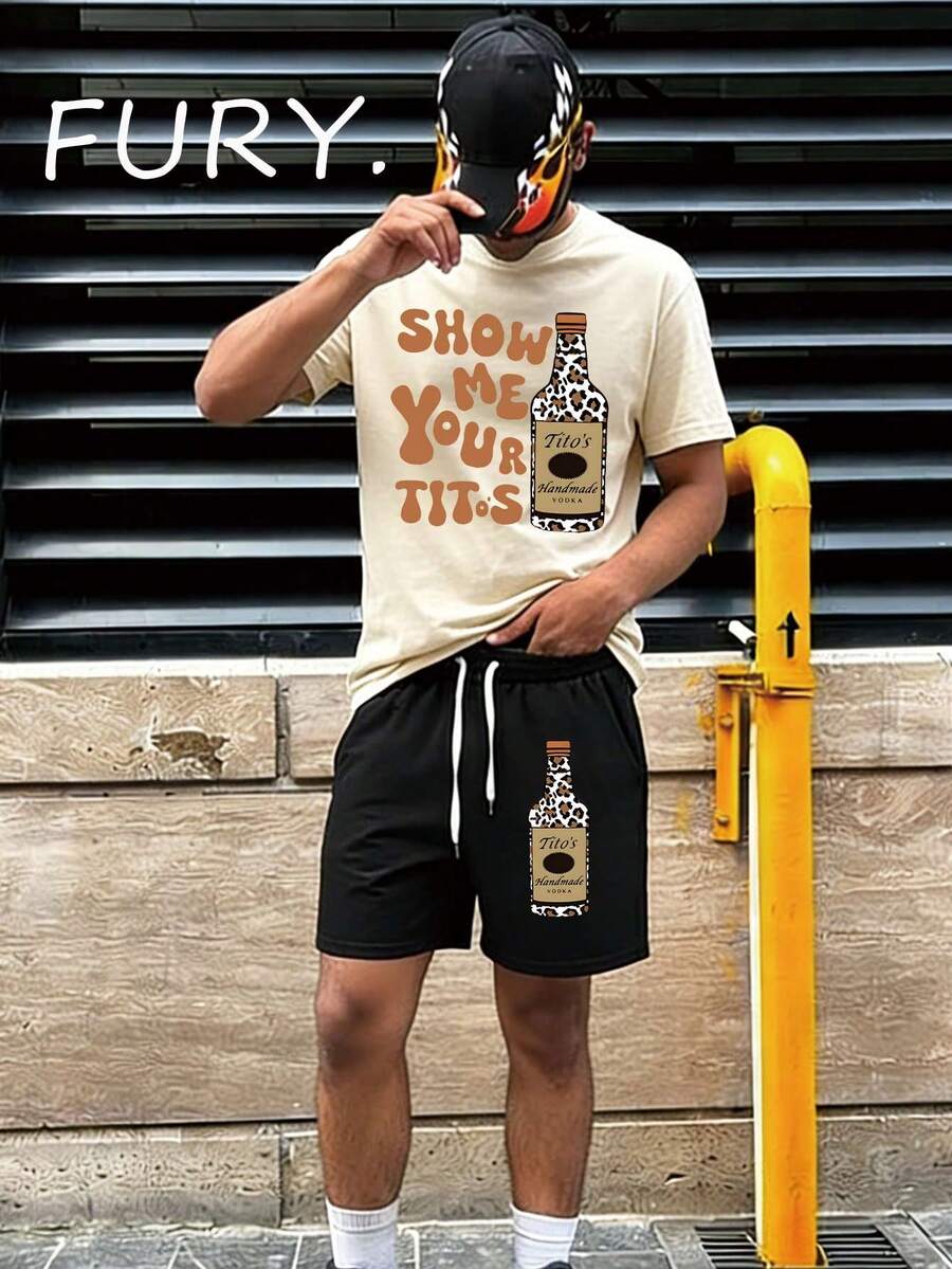 Men's Streetwear "Show Me Your Tito's" Leopard Print Bottle Graphic Short Sleeve Tee & Matching Print Drawstring Shorts Two Piece Set Shorts Set Streetwear Two Piece Outfit Street Style, Comfortable, Sporty Printed Tracksuit, Perfect For Outings, Trips, Gatherings With Friends, And Everyday Wear. - 杏色+黑色 - 查看 1