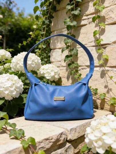 1 pieza Bolso de hombro de PU sólido, bolso Hobo con decoración de placa metálica simple, bolso de mano de PU suave y versátil para mujer, de uso diario
