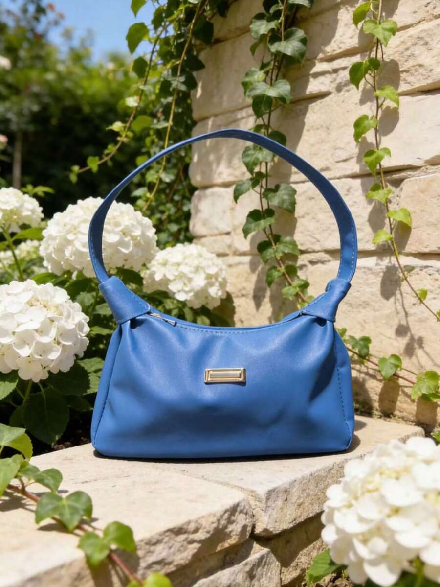 1pc Solid PU Underarm Shoulder Bag, Simple Metal Plate Decor Hobo Purse, Soft & Versatile PU Handbag For Women, Daily Use - Blue - View 1