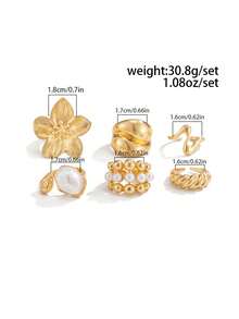 6pcs/Set Elegant Geometric Irregular Faux Pearl Inlaid Metal Flower Charm Stackable Rings Set, Luxurious Jewelry For Wedding, Party, Vacation, Daily Casual, Street Style, Women & Couples Gift - Ring - View 4