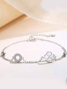 1 Peça Pulseira de Prata Esterlina S925 de Duas Camadas com Trevo de Quatro Folhas da Sorte, Joia Minimalista e Única com Círculo Oco no Estilo Ins, Adequada para Meninas, Presente de Joia da Moda para Formatura, Aniversário, Melhor Amiga - Trevo de quatro folhas - Visão 9