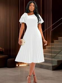 Elegant White Pleated Mid-Length Dress, Ruffle Sleeve, Asymmetrical Neckline, Suitable For Spring/Summer Wedding Guest, Cocktail Party, Formal Occasions - White - View 4