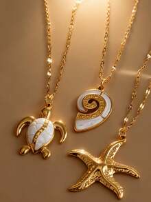 Znice 2026 New 18K Gold Plated Stainless Steel Ocean Series Starfish, Turtle, Shell Enamel Pendant Necklace, Suitable For Layering, Single Wear, Beach Vacation, Mother's Day Gift, Valentine's Day Gift, Durable Jewelry, Waterproof And Fade-Resistant - Gold - View 1