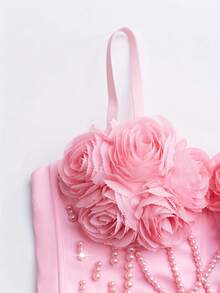 手工3D玫瑰花仿珍珠鱼骨胸衣露脐上衣，适合舞台表演、夜店、欧美性感休闲夏季穿着 - 粉紅色 - 查看 7