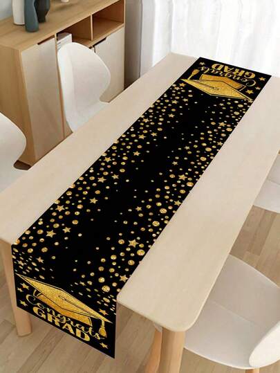 1pc Graduation Ceremony Tablecloth, Black & Gold "Congratulations Graduates" With Graduation Cap Pattern, Graduation Party Supplies, Graduation Celebration Party Decor, 2026 Graduation Tablecloth, 2026 Graduation Party Table Decor, Home Decor, Graduation Theme Table Runner, Party Favors, Photography Props