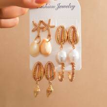8件套波西米亚风贝壳、不对称珍珠、海星、海螺耳环套装，简约时尚，适合海滩度假，女士耳环 - style1 - 查看 7