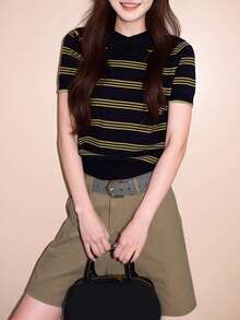 Women's Casual Striped Collared Knit Short Sleeve Top, Suitable For Summer Vacation - Navy Blue - View 4