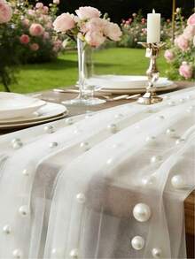 1pc Pearl Tulle Mesh Tablecloth, Pearl Tablecloth, Romantic Wedding, Dessert Table Cloth, Bohemian Style, Chiffon Gauze, Pearl Lace, Outdoor Lawn Wedding Arch Decor, Party Decor Tablecloth, Pearl Tablecloth, Wedding Arch Decor Tabletop, Bridal Shower Decor Fabric, Party Supplies, Birthday Romantic Pearl Lace Tablecloth (Suitable For Event Embroidery), Transparent Wrinkle-Resistant White Dessert Table Cloth, White Chiffon Gauze - White - View 2