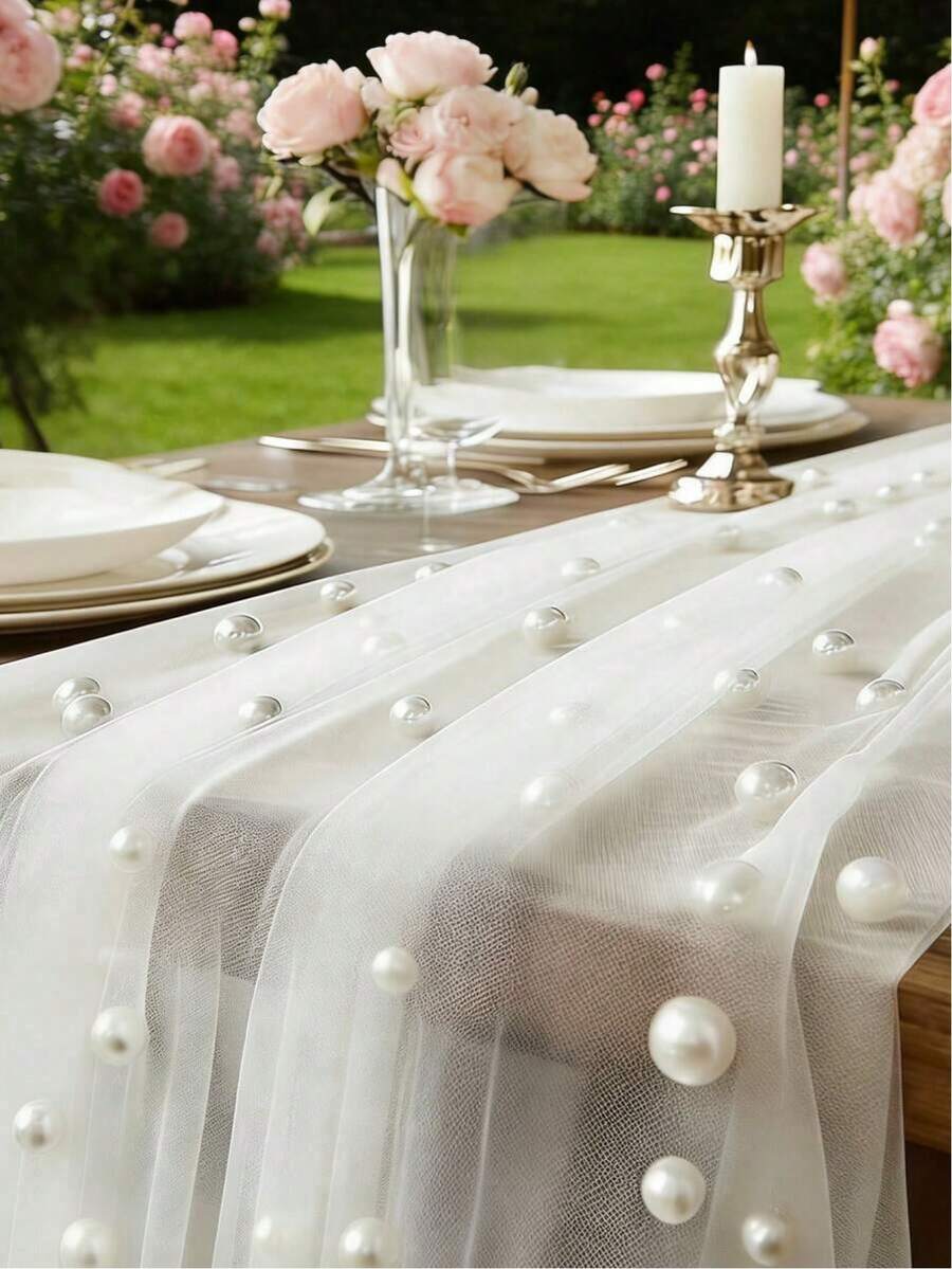 1pc Pearl Tulle Mesh Tablecloth, Pearl Tablecloth, Romantic Wedding, Dessert Table Cloth, Bohemian Style, Chiffon Gauze, Pearl Lace, Outdoor Lawn Wedding Arch Decor, Party Decor Tablecloth, Pearl Tablecloth, Wedding Arch Decor Tabletop, Bridal Shower Decor Fabric, Party Supplies, Birthday Romantic Pearl Lace Tablecloth (Suitable For Event Embroidery), Transparent Wrinkle-Resistant White Dessert Table Cloth, White Chiffon Gauze