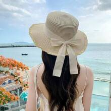 Bow Knot Frayed Flat Top Straw Hat, Women Summer Beach Holiday Japanese Hawaii Sun Woven Sun Hat, Boho Bowknot - Straw Hat - View 2