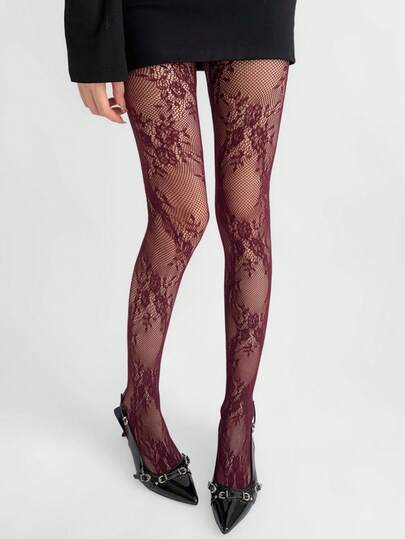 1 Pair Vintage Hollow Floral Lace Fishnet Stockings, Red/Black/Coffee/White/Gray