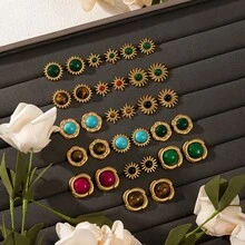 1 Pair 18K Gold Plated Stainless Steel Bohemian Sunflower & Tiger Eye Stone Earrings, Vintage High-End Fashion Earrings For Women - Gold - View 10