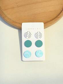 3对天蓝色和海军蓝条纹印花陶瓷质感个性化圆形亚克力耳环 - 彩色 - 查看 2