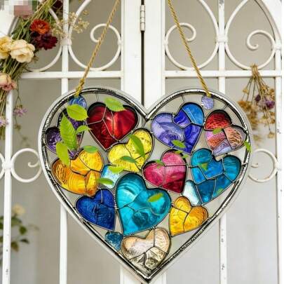 2D平面，1件装波西米亚风格亚克力心形捕梦网壁挂 - 色彩鲜艳，是情人节、母亲节、生日、周年纪念日、特殊场合、节日等的完美礼物，艺术装饰，色彩明亮，轻巧，亚克力材质，装饰性捕梦网，悬挂饰品，情人节礼物，送给妈妈的礼物，2D平面