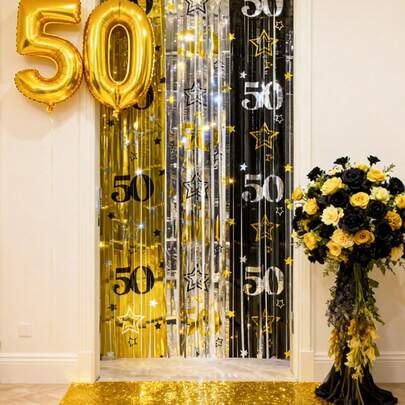 1 tấm rèm tua rua kim loại kỷ niệm 50 năm, màu đen/vàng/bạc, rèm trang trí tua rua kỷ niệm 50 năm, rèm trang trí tiệc sinh nhật chủ đề kỷ niệm 50 năm, rèm kim loại cho tiệc sinh nhật 50 tuổi, phông nền trang trí tiệc "Kỷ niệm 50 năm", phông nền tiệc trong nhà/ngoài trời, đạo cụ chụp ảnh kỷ niệm 50 năm, quà tặng sinh nhật 50 tuổi, rèm phông nền sinh nhật kỷ niệm 50 năm.