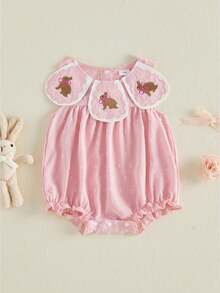 Baby Girls Rompers Easter Clothes Bunny Embroidered Crew Neck Sleeveless Infant Bodysuits Jumpsuits - Rosa - Ver 1