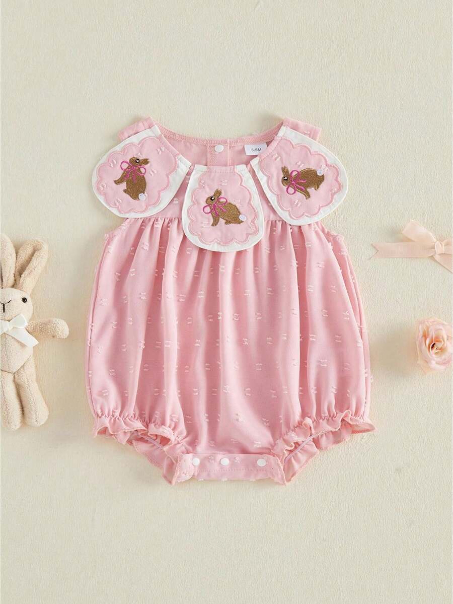Baby Girls Rompers Easter Clothes Bunny Embroidered Crew Neck Sleeveless Infant Bodysuits Jumpsuits - Rosa - Ver 1
