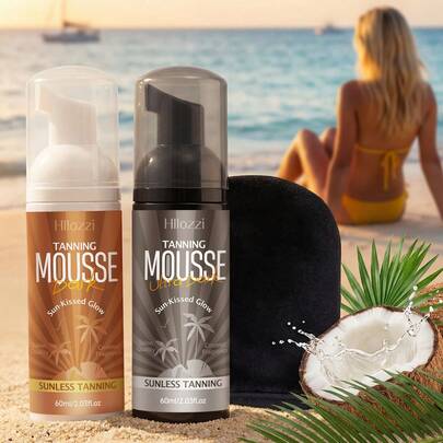  Hllozzi Mousse autobronceadora natural de 60ml - Mousse autobronceadora ligera con aroma a coco y con guante aplicador, ayuda a crear un brillo natural besado por el sol. Proporciona tonos marrón y marrón oscuro para lograr un bronceado natural.