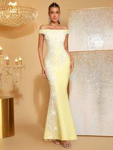 New Sexy Off-Shoulder Luxury Beaded Sequin Embroidered Fitted Backless Mermaid Dress, Elegant Sparkling Gown For Wedding Guest, Bridesmaid, Party, Holiday - Light Yellow - View 5