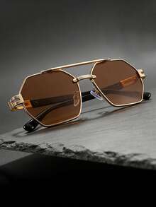 一副男士金色边框双梁不对称多边形时尚眼镜，金属材质，防晒，轻奢欧式街头风时尚眼镜，黑金镜腿，都市漫步风格 - 彩色 - 查看 7