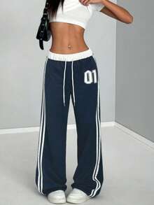 海军蓝撞色腰部阔腿裤，侧边条纹和数字印花设计，修身显瘦，休闲美式复古风！春季必备 - 寶藍色 - 查看 2