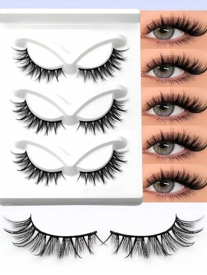 VELTRINAY 3对纤长自然猫眼假睫毛，拉长眼部，打造自然妆效，蓬松浓密，整条式设计，轻盈柔软，交叉式仿貂毛假睫毛，新手友好。