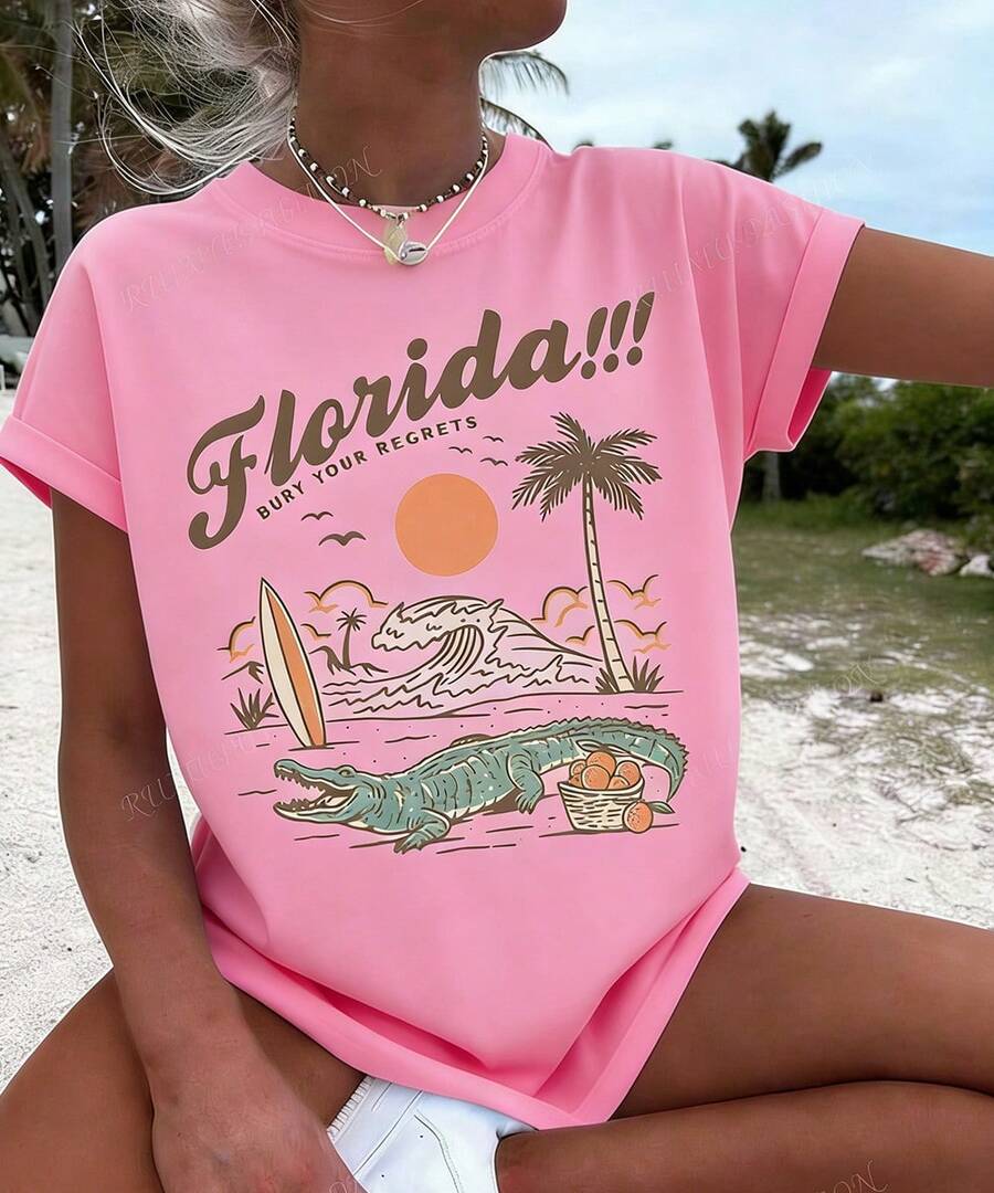 Florida Palm Tree Pattern T-Shirt - Women's Casual Vacation Short Sleeve T-Shirt, Palm Tree And Surfboard Graphic, Round Neck Short Sleeve Top, Suitable For Summer Clothing, Beach Wear |   Vacation Vibe Shirt |   Comfortable Wear, Beach Shirt-White And Navy Off-The-Shoulder Cropped Top (Unisex) - St Pattys Day Outfit - Summer Outfits For Women - Summer Tops For Women - White Top - Vacation Outfits Women - 粉色 - 查看 1