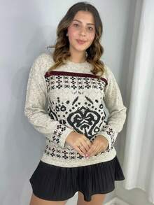 Women's Long Sleeve Knit Sweater For Winter With Geometric Pattern And Mousse Fabric - Cream - View 2