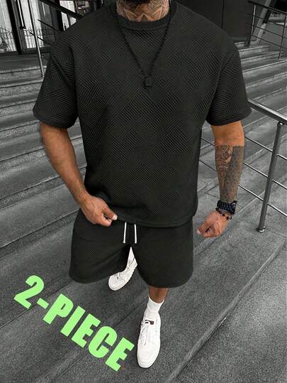 Men's New Summer Jacquard Set, Men's Casual Sports Suit, Loose Multifunctional Short Sleeve Shorts 2-Piece Set, Student Outfit, Young Brand Suit, Short Sleeve Set Black