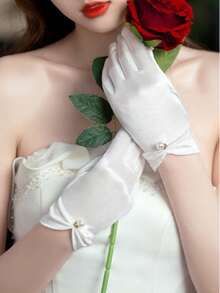 1pc White Satin Bridal Gloves With Pearl Decor, Full Finger, Suitable For Spring/Autumn, Wedding, Driving, Sun Protection - White - View 2