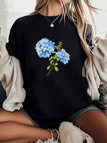 Camiseta unisex 100% algodón estilo hortensia Grandmillennial, camiseta de manga corta con cuello redondo estampada 100% algodón. - Negro - Ver 6